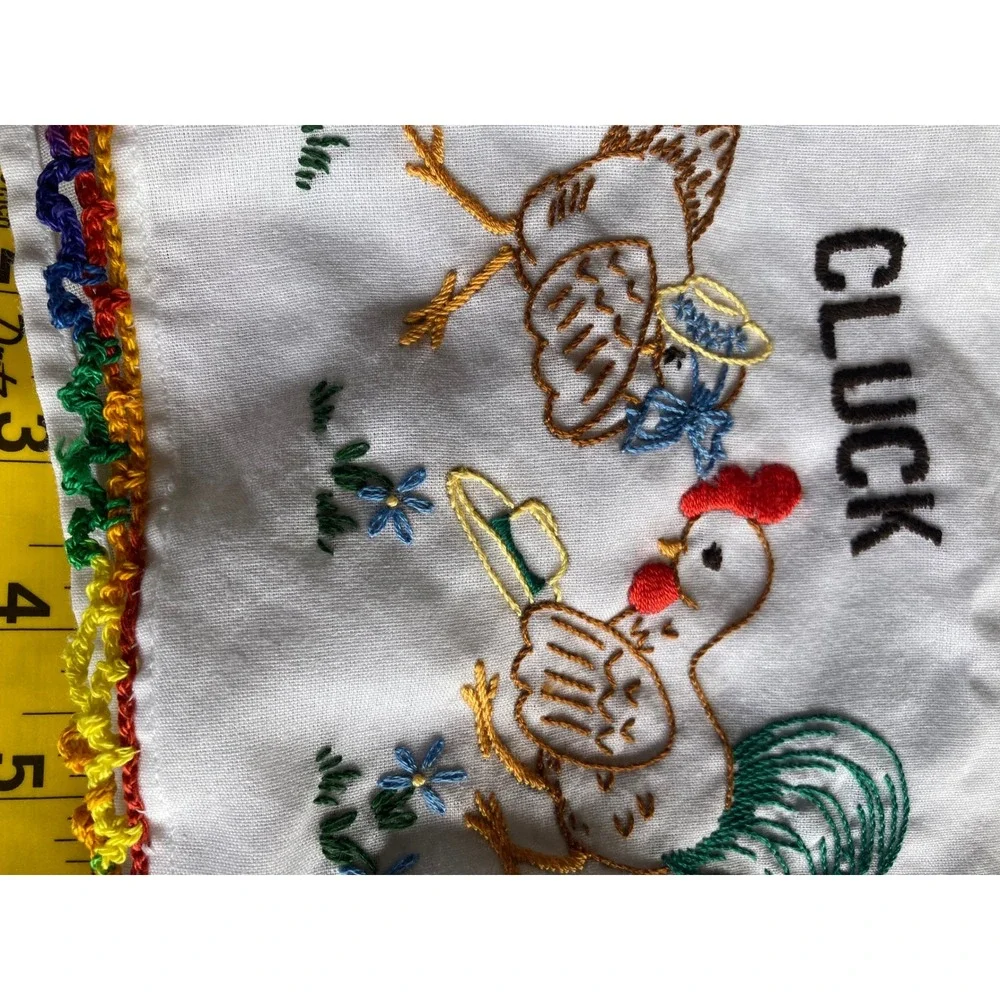 Vintage Hand Embroidered Chicken Tea Towels Set of 2 Rainbow Crochet Trim White